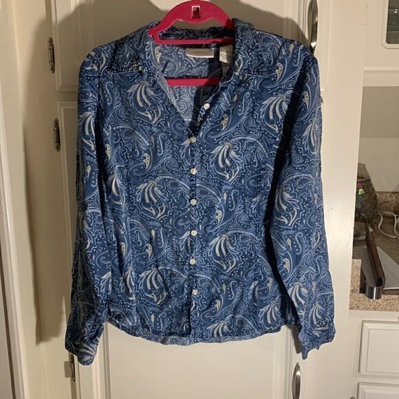 Liz Claiborne blue denim patterned button down shirt Size large - Picture 1 of 4